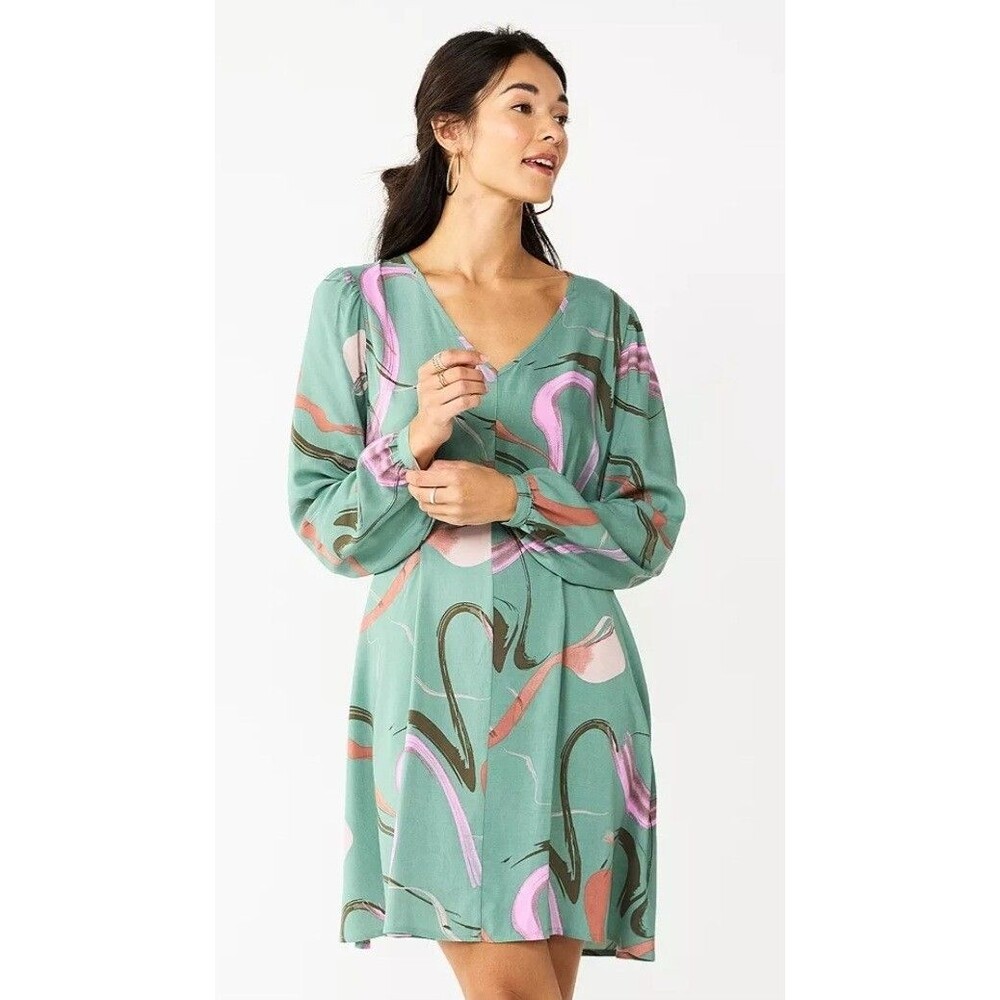 Nine West Mini Dress Size Large Long Sleeve Green Abstract Print Tie  Nwt $50.00